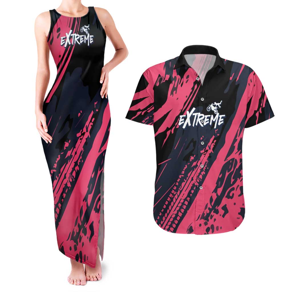 Custom Extreme Motocross Pink Couples Matching Tank Maxi Dress and Hawaiian Shirt with Bold Tire Track Graphics - Wonder Print Shop