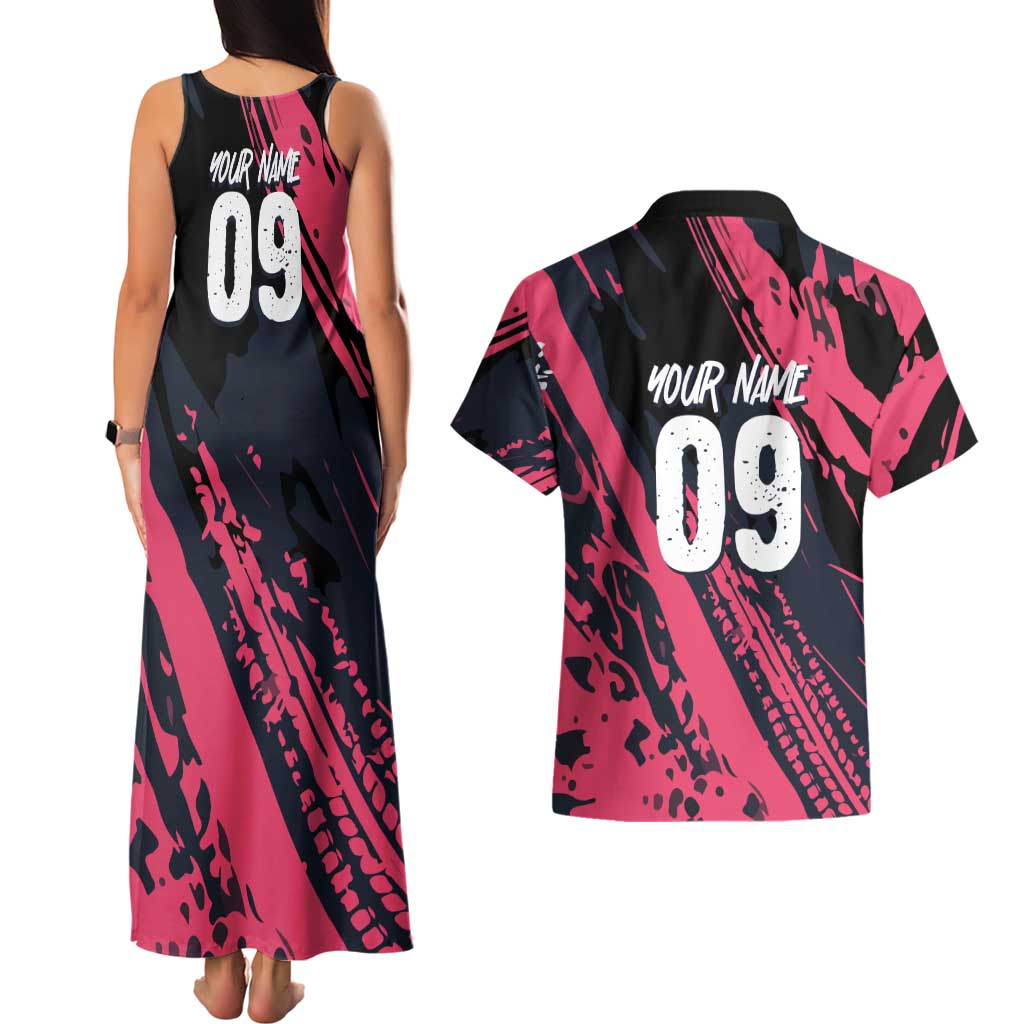 Custom Extreme Motocross Pink Couples Matching Tank Maxi Dress and Hawaiian Shirt with Bold Tire Track Graphics - Wonder Print Shop