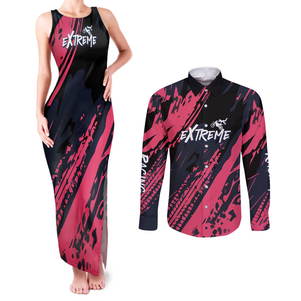 Custom Extreme Motocross Pink Couples Matching Tank Maxi Dress and Long Sleeve Button Shirt with Bold Tire Track Graphics - Wonder Print Shop
