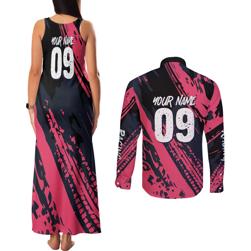 Custom Extreme Motocross Pink Couples Matching Tank Maxi Dress and Long Sleeve Button Shirt with Bold Tire Track Graphics - Wonder Print Shop