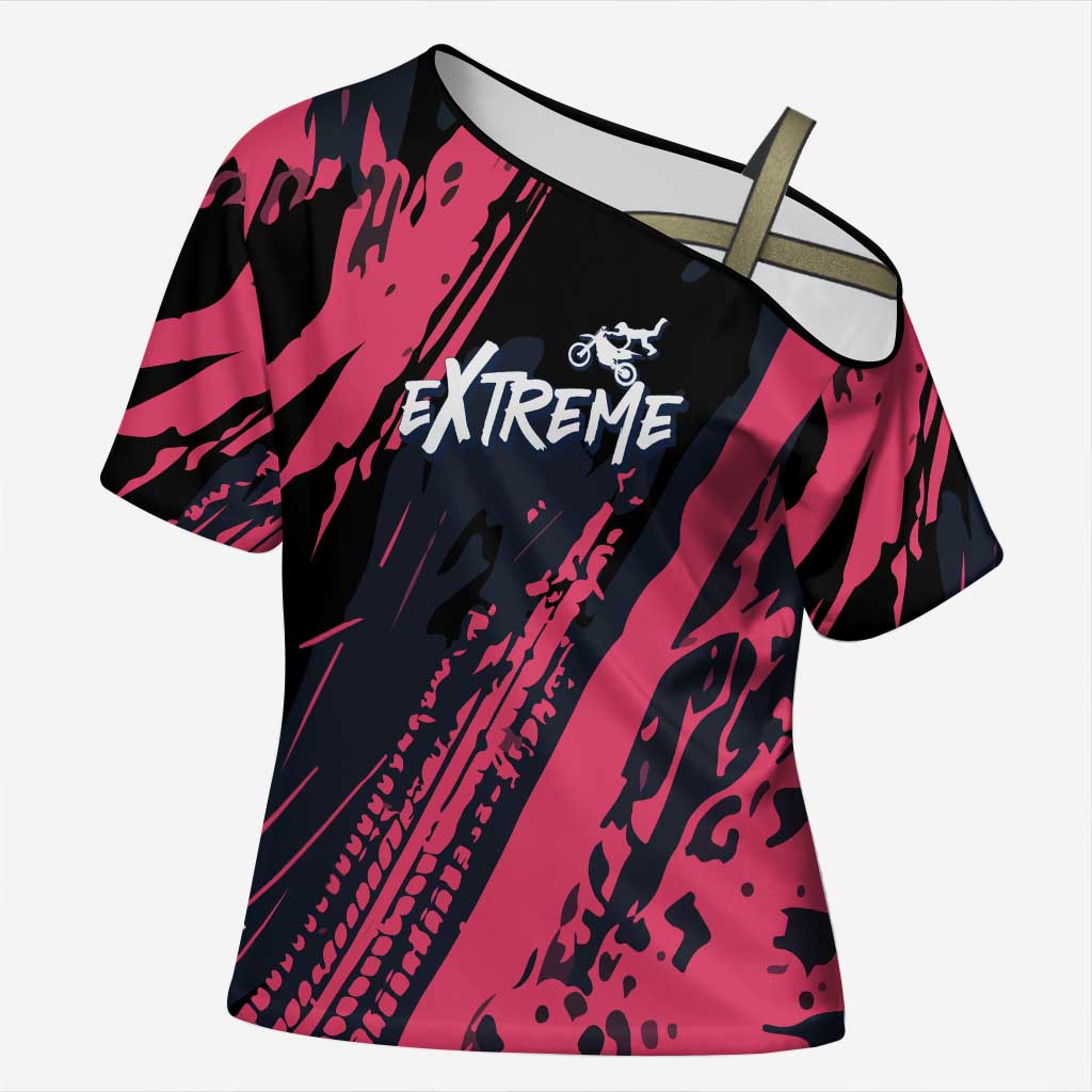 Custom Extreme Motocross Pink Cross Shoulder Shirt with Bold Tire Track Graphics - Wonder Print Shop
