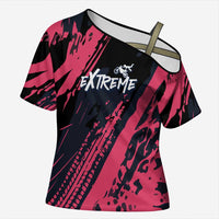 Custom Extreme Motocross Pink Cross Shoulder Shirt with Bold Tire Track Graphics - Wonder Print Shop