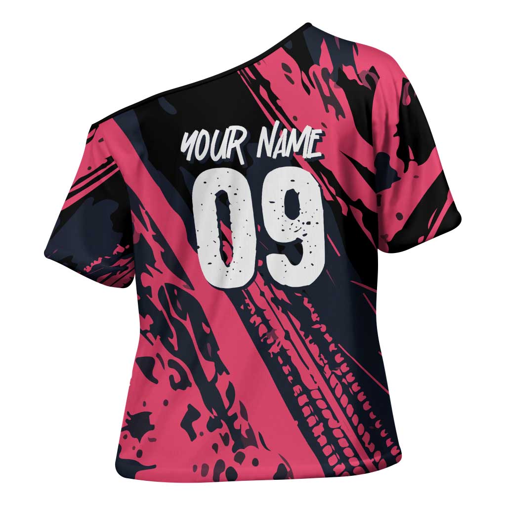Custom Extreme Motocross Pink Cross Shoulder Shirt with Bold Tire Track Graphics - Wonder Print Shop