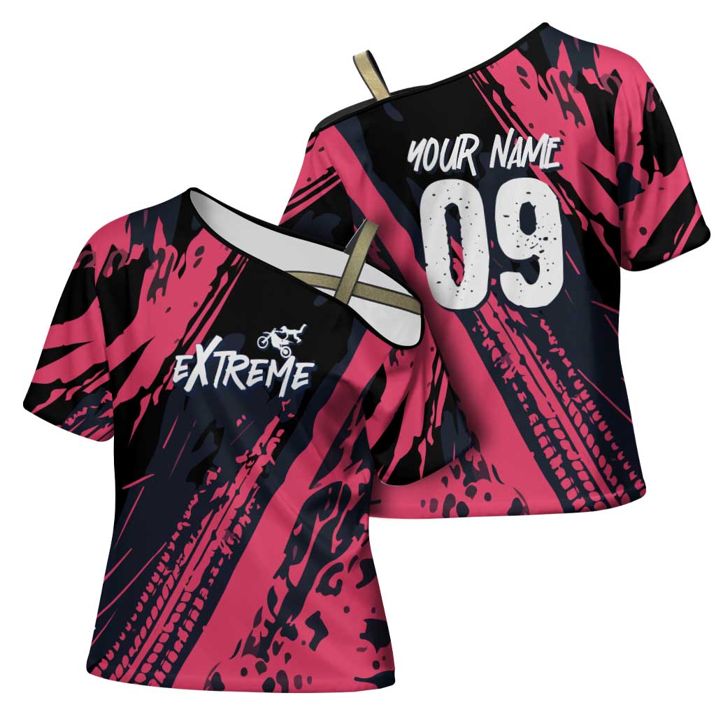Custom Extreme Motocross Pink Cross Shoulder Shirt with Bold Tire Track Graphics - Wonder Print Shop