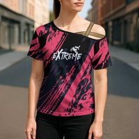 Custom Extreme Motocross Pink Cross Shoulder Shirt with Bold Tire Track Graphics - Wonder Print Shop