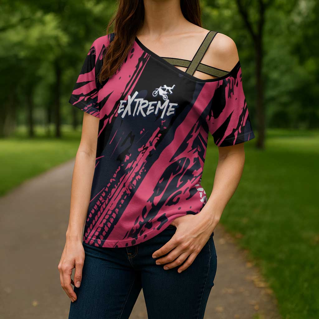 Custom Extreme Motocross Pink Cross Shoulder Shirt with Bold Tire Track Graphics - Wonder Print Shop