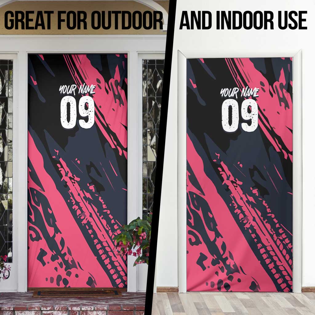 Custom Extreme Motocross Pink Door Cover with Bold Tire Track Graphics - Wonder Print Shop