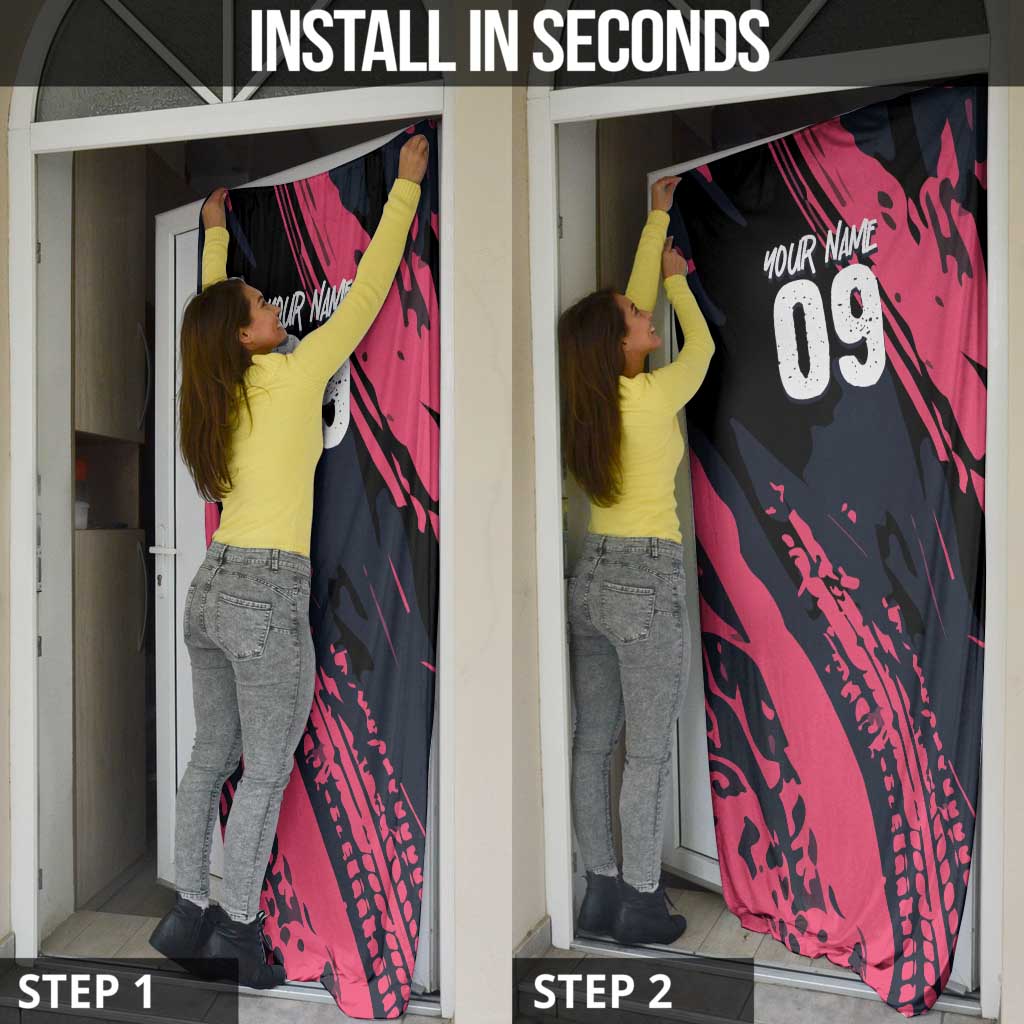 Custom Extreme Motocross Pink Door Cover with Bold Tire Track Graphics - Wonder Print Shop