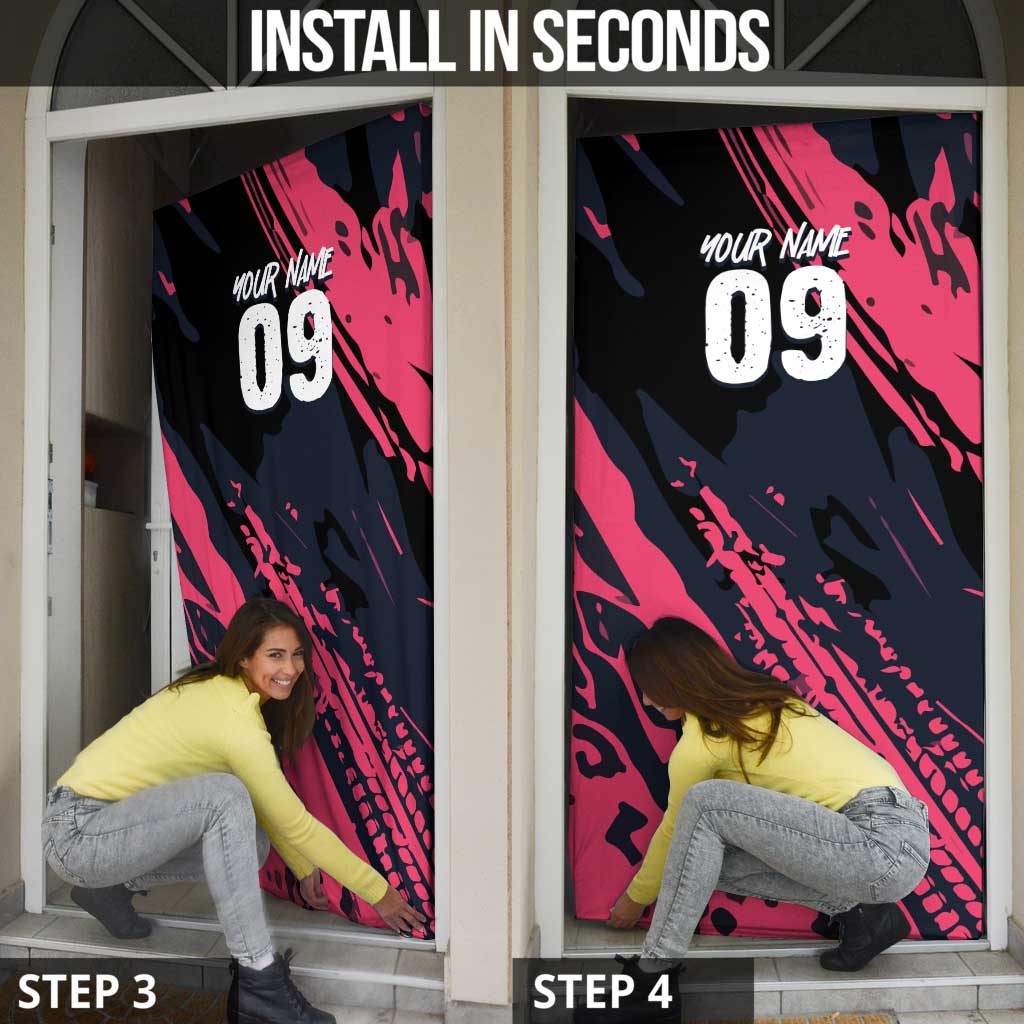 Custom Extreme Motocross Pink Door Cover with Bold Tire Track Graphics - Wonder Print Shop