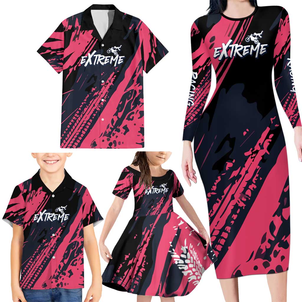 Custom Extreme Motocross Pink Family Matching Long Sleeve Bodycon Dress and Hawaiian Shirt with Bold Tire Track Graphics - Wonder Print Shop