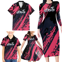 Custom Extreme Motocross Pink Family Matching Long Sleeve Bodycon Dress and Hawaiian Shirt with Bold Tire Track Graphics - Wonder Print Shop