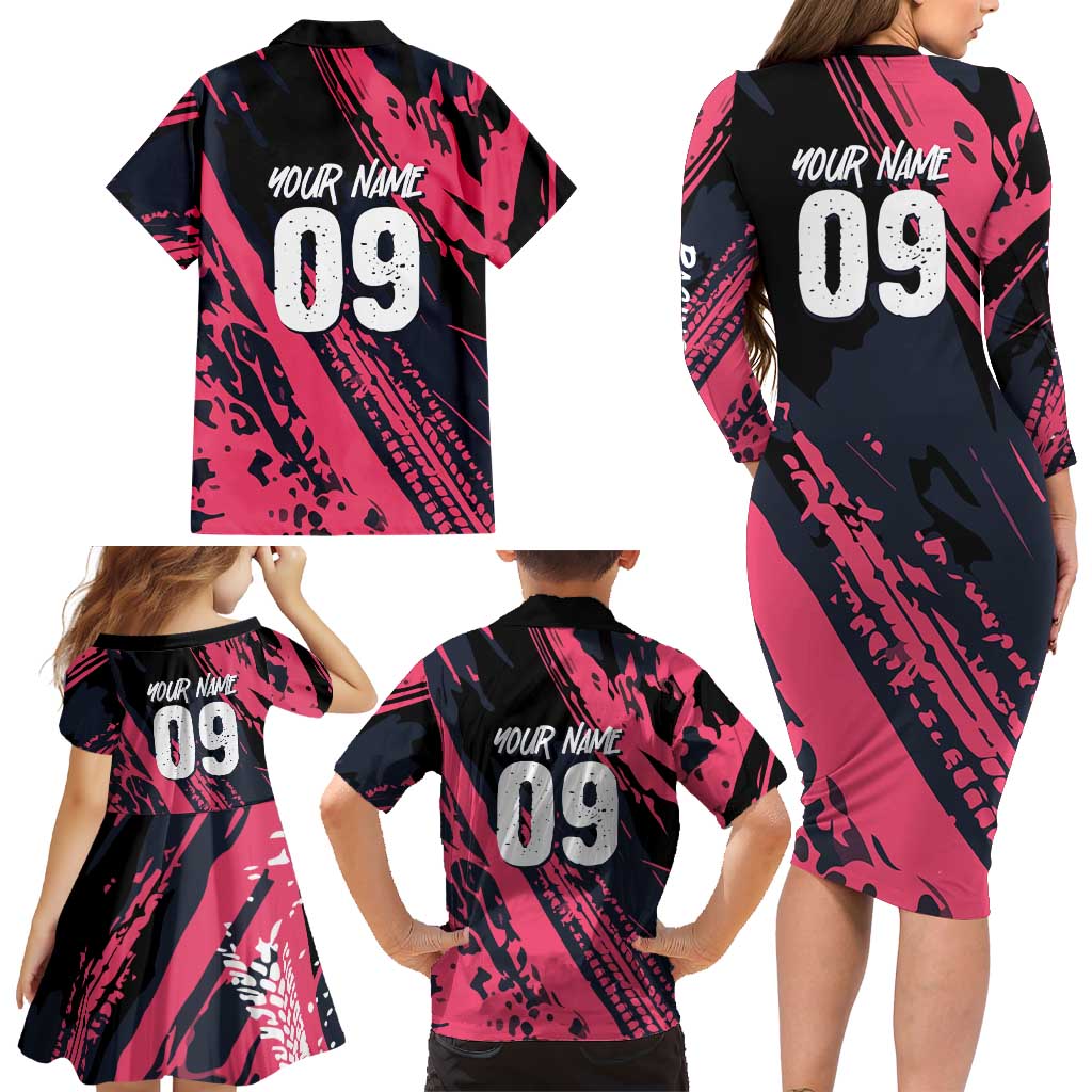 Custom Extreme Motocross Pink Family Matching Long Sleeve Bodycon Dress and Hawaiian Shirt with Bold Tire Track Graphics - Wonder Print Shop