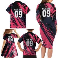 Custom Extreme Motocross Pink Family Matching Long Sleeve Bodycon Dress and Hawaiian Shirt with Bold Tire Track Graphics - Wonder Print Shop