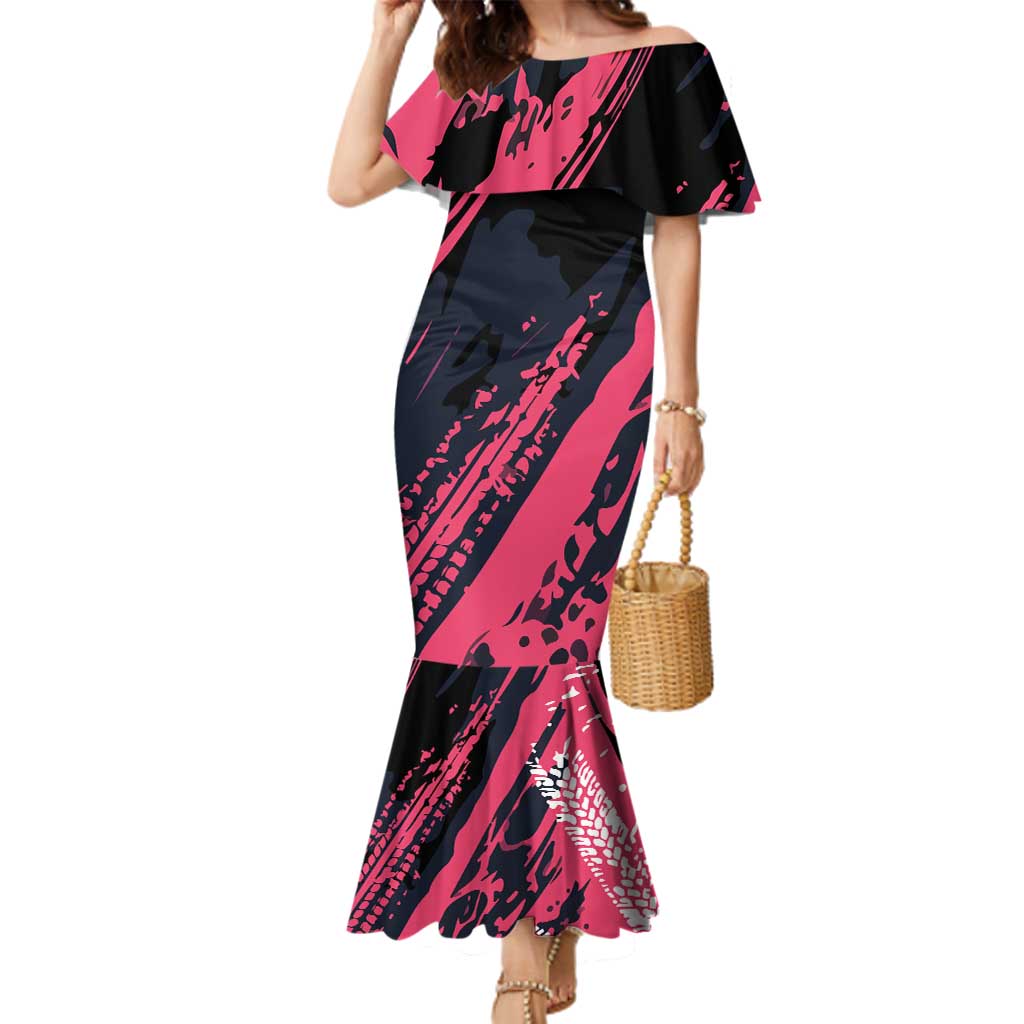 Custom Extreme Motocross Pink Family Matching Mermaid Dress and Hawaiian Shirt with Bold Tire Track Graphics - Wonder Print Shop