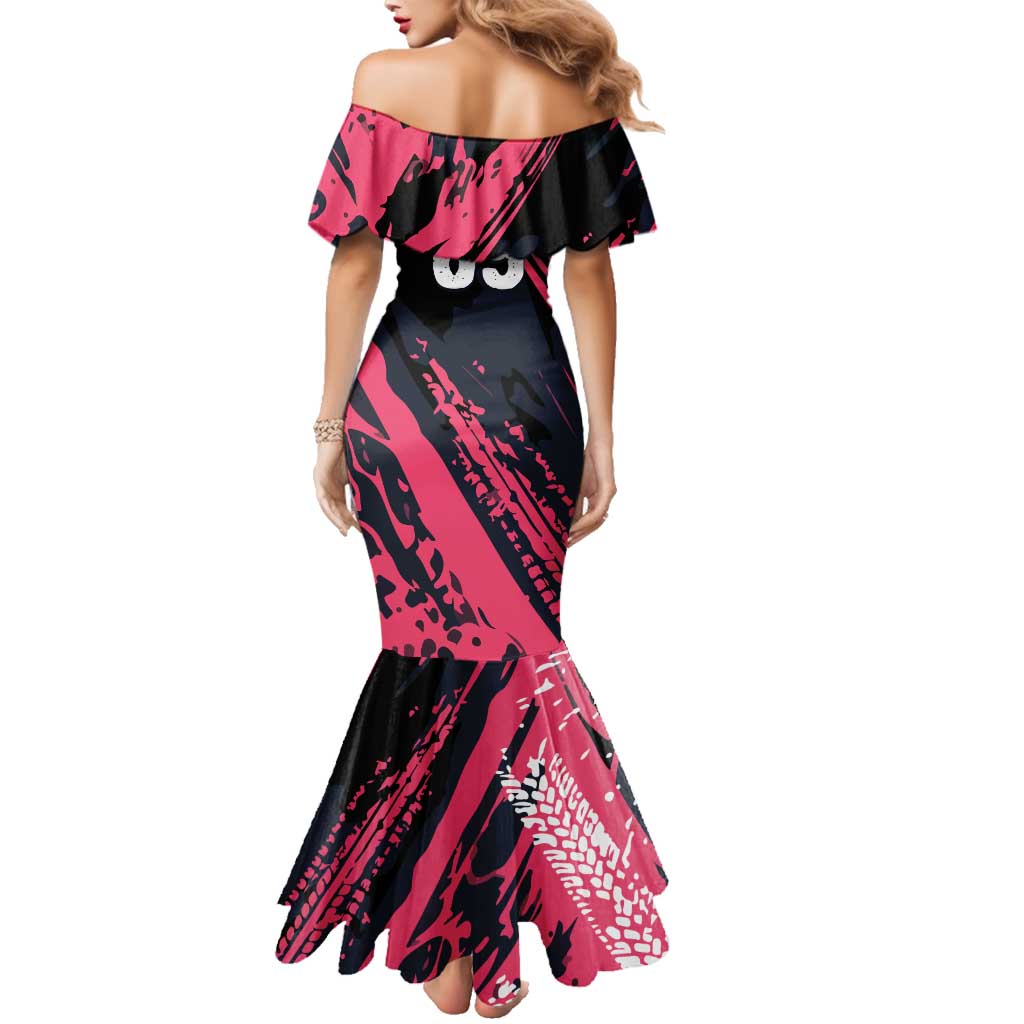 Custom Extreme Motocross Pink Family Matching Mermaid Dress and Hawaiian Shirt with Bold Tire Track Graphics - Wonder Print Shop