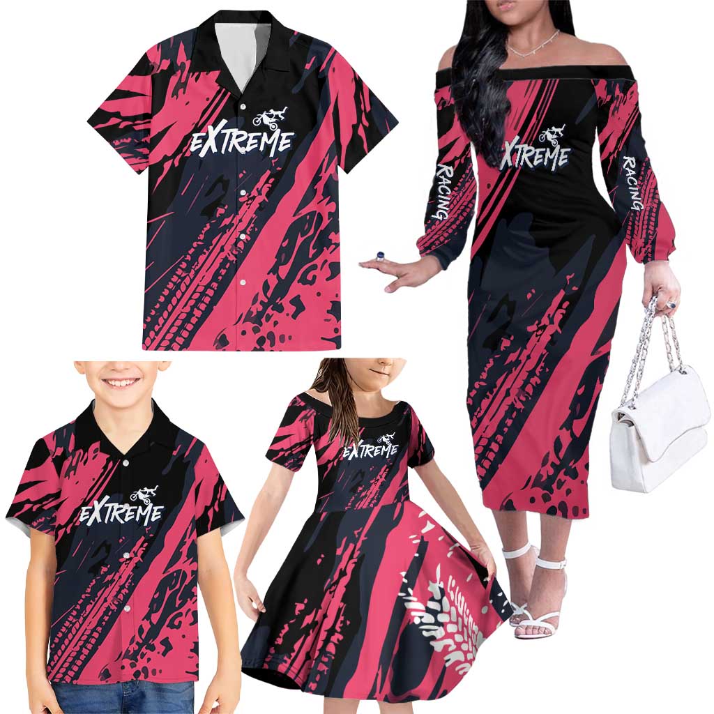 Custom Extreme Motocross Pink Family Matching Off The Shoulder Long Sleeve Dress and Hawaiian Shirt with Bold Tire Track Graphics - Wonder Print Shop