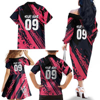 Custom Extreme Motocross Pink Family Matching Off The Shoulder Long Sleeve Dress and Hawaiian Shirt with Bold Tire Track Graphics - Wonder Print Shop
