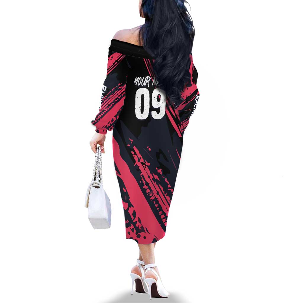 Custom Extreme Motocross Pink Family Matching Off The Shoulder Long Sleeve Dress and Hawaiian Shirt with Bold Tire Track Graphics - Wonder Print Shop