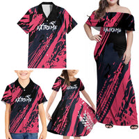 Custom Extreme Motocross Pink Family Matching Off Shoulder Maxi Dress and Hawaiian Shirt with Bold Tire Track Graphics - Wonder Print Shop