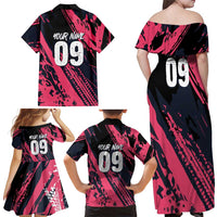 Custom Extreme Motocross Pink Family Matching Off Shoulder Maxi Dress and Hawaiian Shirt with Bold Tire Track Graphics - Wonder Print Shop