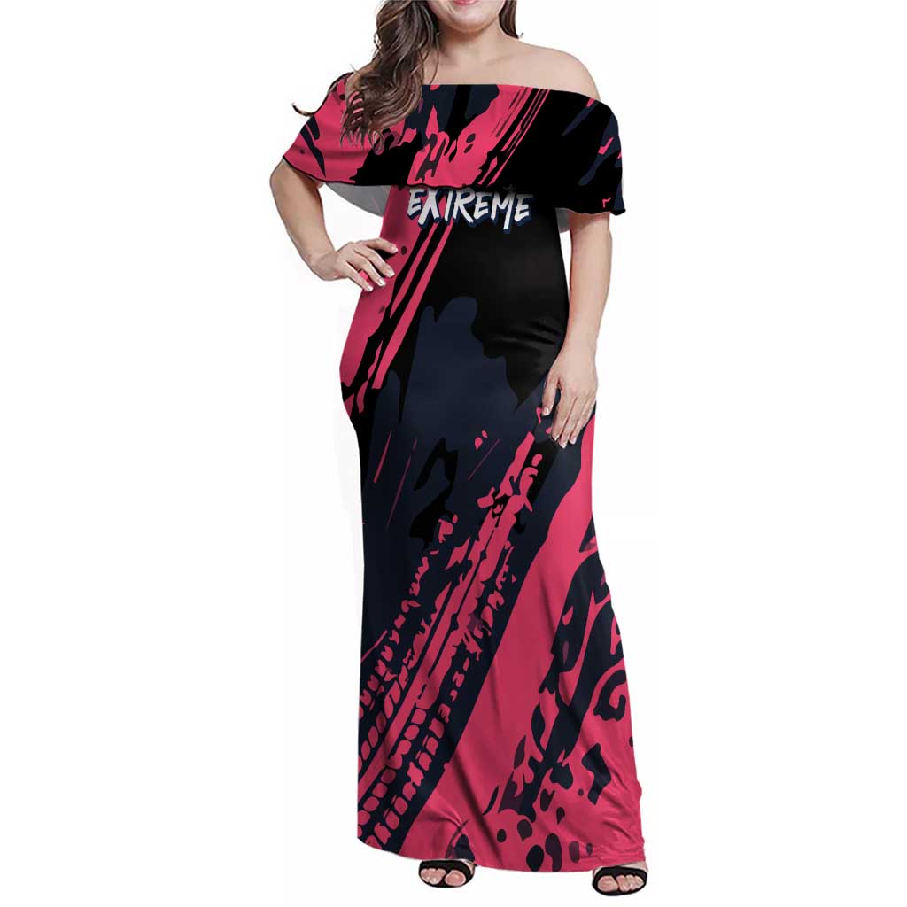 Custom Extreme Motocross Pink Family Matching Off Shoulder Maxi Dress and Hawaiian Shirt with Bold Tire Track Graphics - Wonder Print Shop