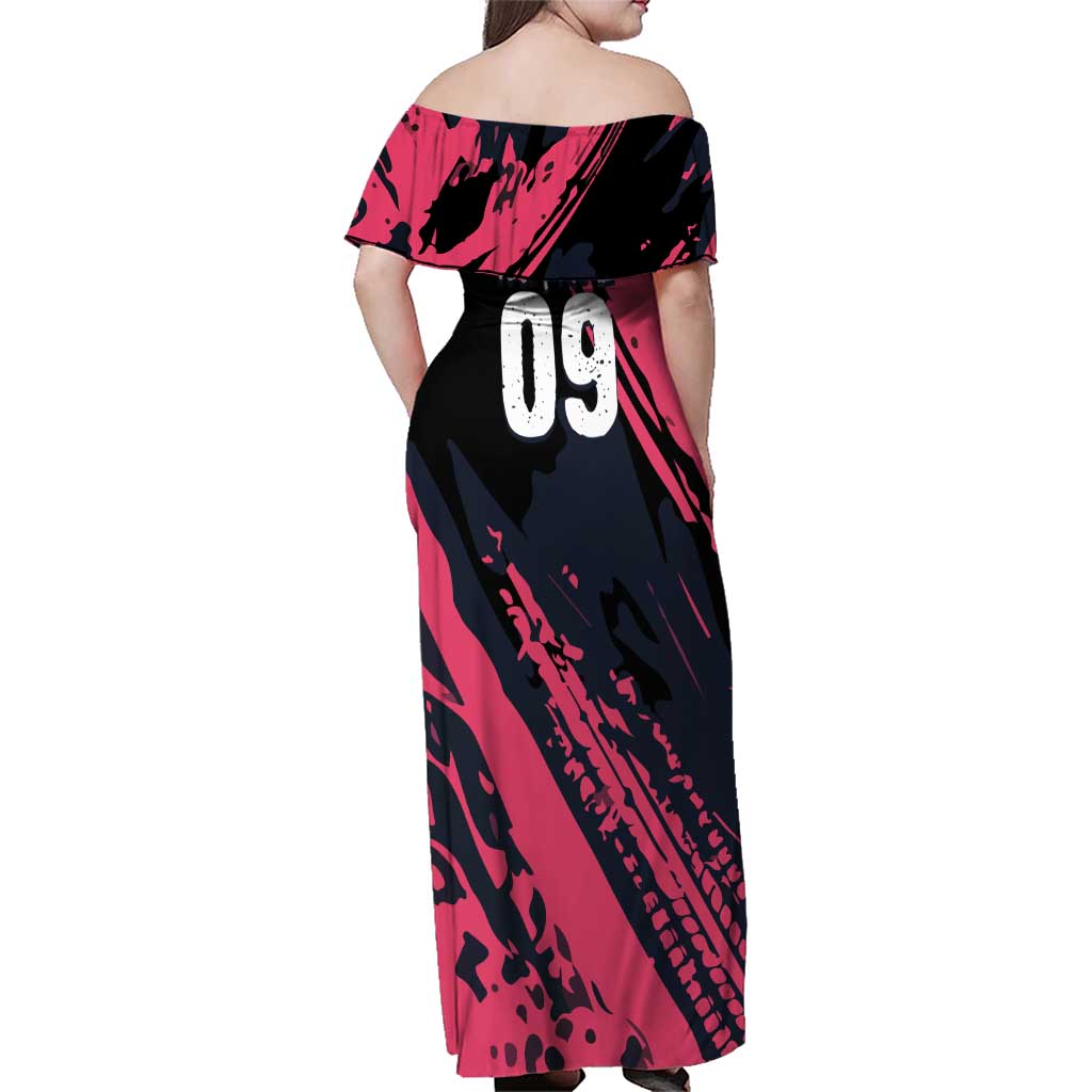 Custom Extreme Motocross Pink Family Matching Off Shoulder Maxi Dress and Hawaiian Shirt with Bold Tire Track Graphics - Wonder Print Shop