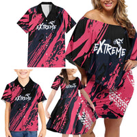 Custom Extreme Motocross Pink Family Matching Off Shoulder Short Dress and Hawaiian Shirt with Bold Tire Track Graphics - Wonder Print Shop