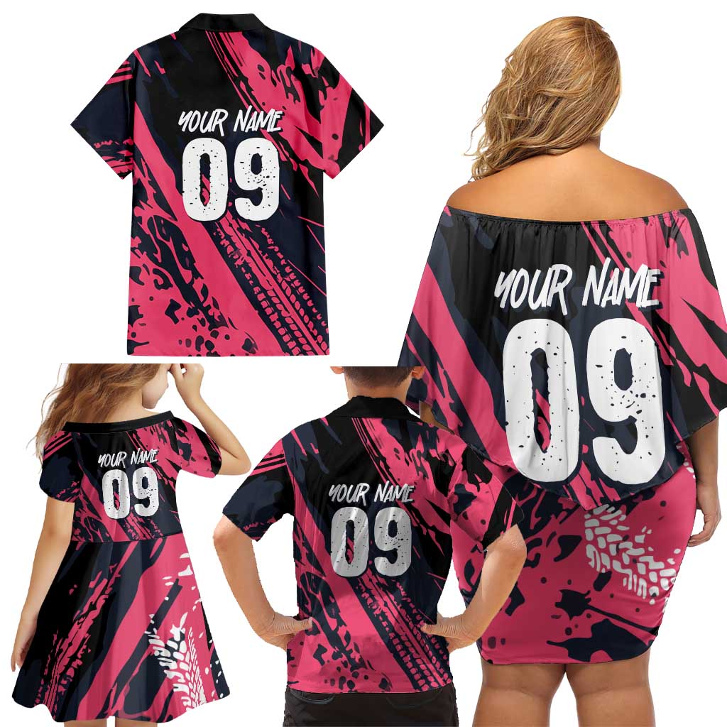 Custom Extreme Motocross Pink Family Matching Off Shoulder Short Dress and Hawaiian Shirt with Bold Tire Track Graphics - Wonder Print Shop