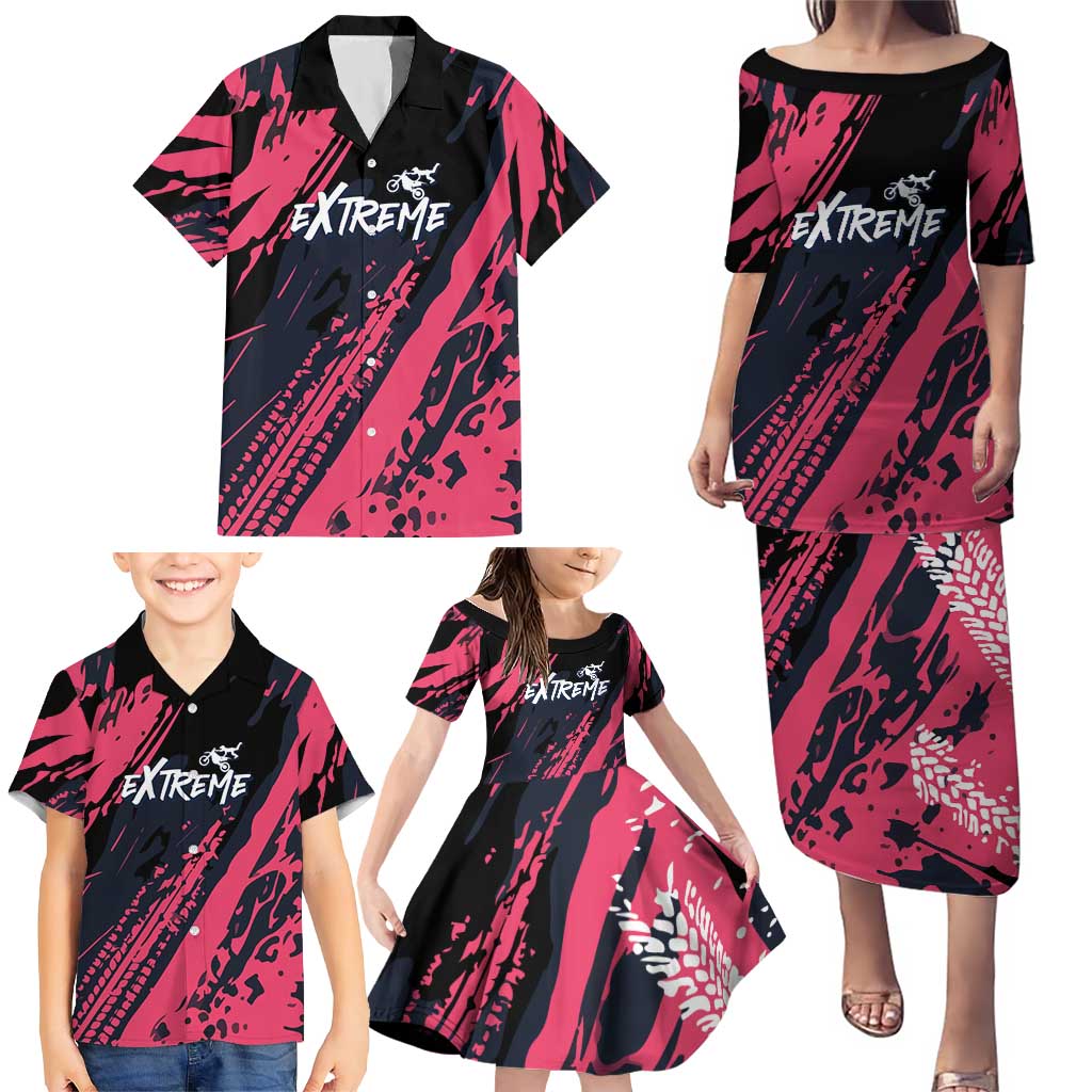 Custom Extreme Motocross Pink Family Matching Puletasi and Hawaiian Shirt with Bold Tire Track Graphics - Wonder Print Shop