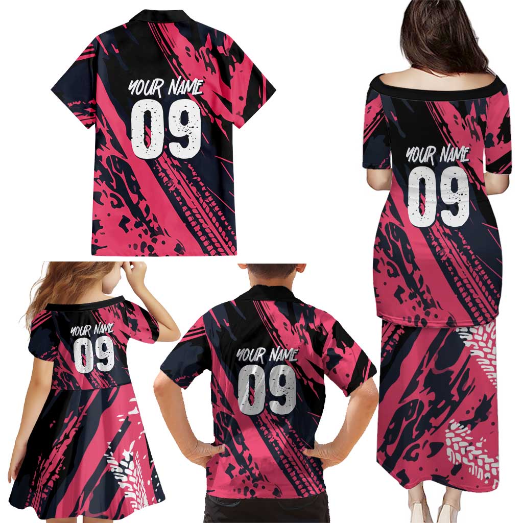 Custom Extreme Motocross Pink Family Matching Puletasi and Hawaiian Shirt with Bold Tire Track Graphics - Wonder Print Shop