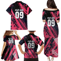 Custom Extreme Motocross Pink Family Matching Puletasi and Hawaiian Shirt with Bold Tire Track Graphics - Wonder Print Shop