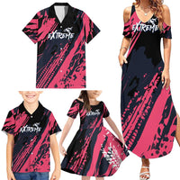 Custom Extreme Motocross Pink Family Matching Summer Maxi Dress and Hawaiian Shirt with Bold Tire Track Graphics - Wonder Print Shop