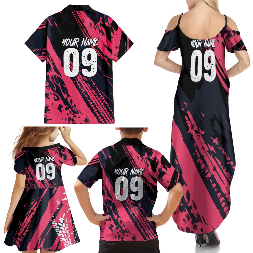 Custom Extreme Motocross Pink Family Matching Summer Maxi Dress and Hawaiian Shirt with Bold Tire Track Graphics - Wonder Print Shop