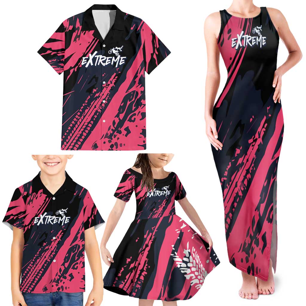 Custom Extreme Motocross Pink Family Matching Tank Maxi Dress and Hawaiian Shirt with Bold Tire Track Graphics - Wonder Print Shop