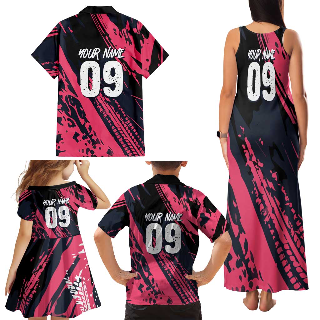 Custom Extreme Motocross Pink Family Matching Tank Maxi Dress and Hawaiian Shirt with Bold Tire Track Graphics - Wonder Print Shop