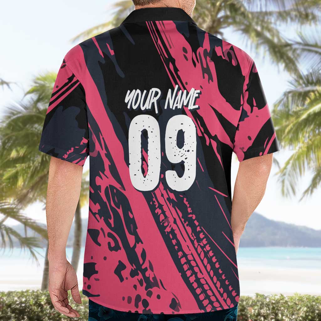 Custom Extreme Motocross Pink Hawaiian Shirt with Bold Tire Track Graphics - Wonder Print Shop