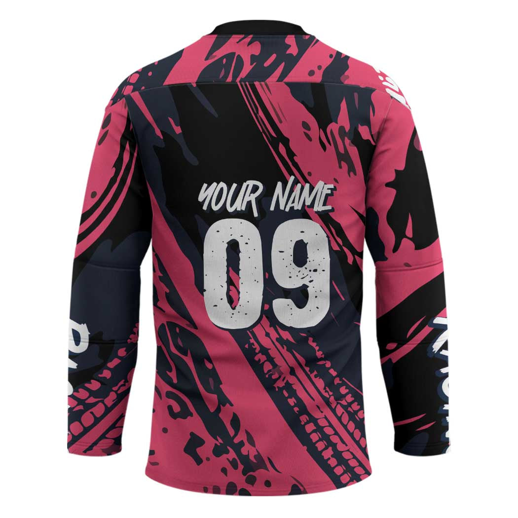 Custom Extreme Motocross Pink Hockey Jersey with Bold Tire Track Graphics - Wonder Print Shop