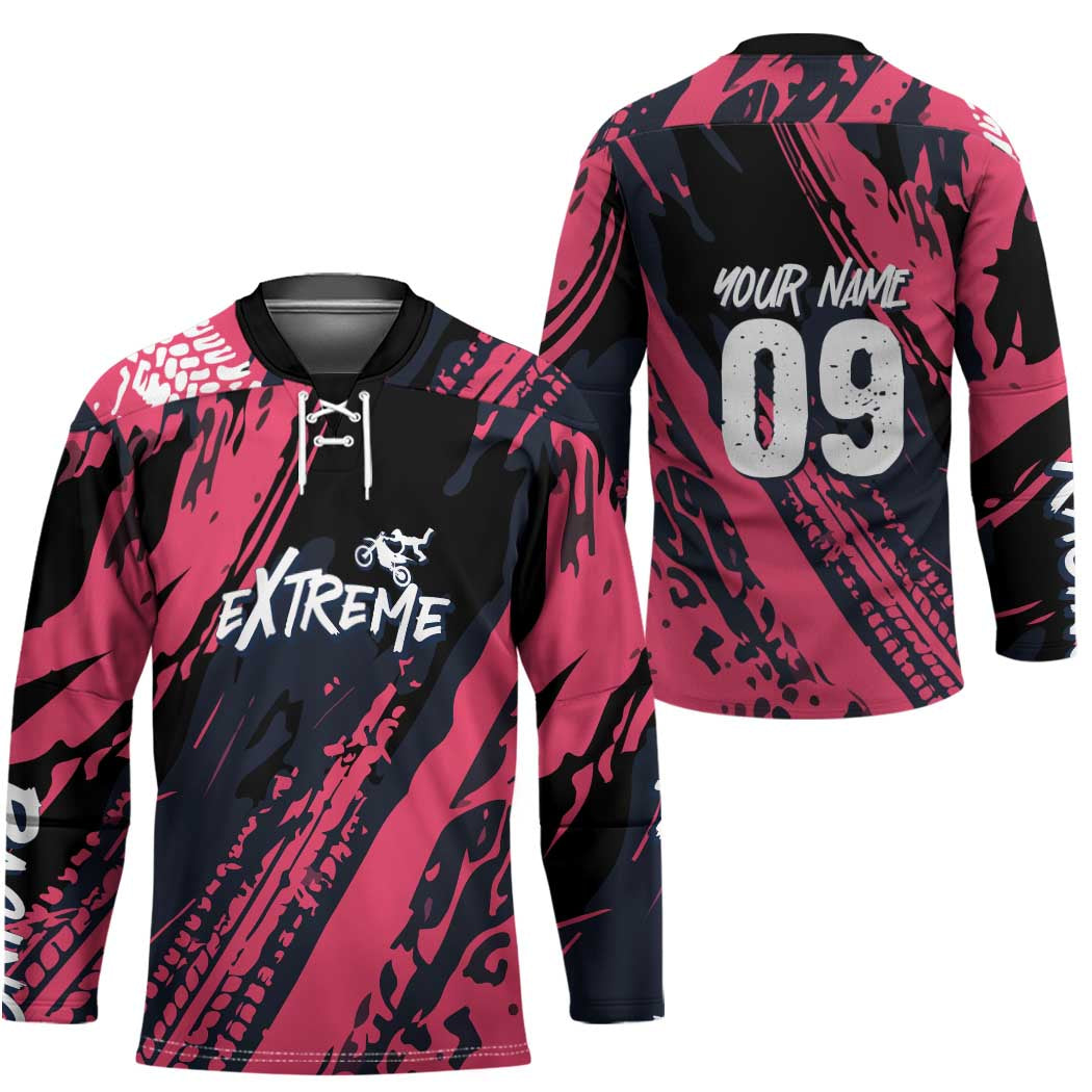 Custom Extreme Motocross Pink Hockey Jersey with Bold Tire Track Graphics - Wonder Print Shop