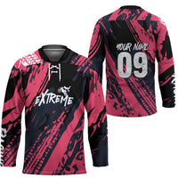 Custom Extreme Motocross Pink Hockey Jersey with Bold Tire Track Graphics - Wonder Print Shop