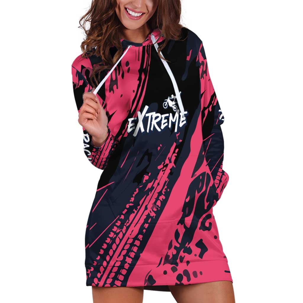 Custom Extreme Motocross Pink Hoodie Dress with Bold Tire Track Graphics - Wonder Print Shop