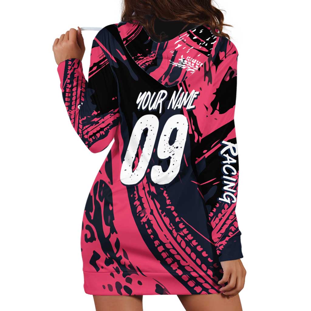 Custom Extreme Motocross Pink Hoodie Dress with Bold Tire Track Graphics - Wonder Print Shop