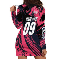 Custom Extreme Motocross Pink Hoodie Dress with Bold Tire Track Graphics - Wonder Print Shop