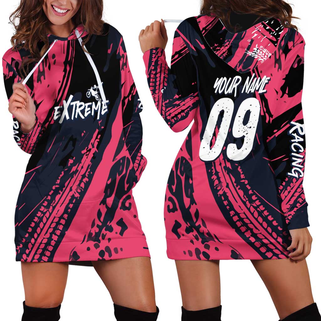 Custom Extreme Motocross Pink Hoodie Dress with Bold Tire Track Graphics - Wonder Print Shop