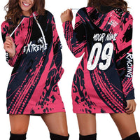Custom Extreme Motocross Pink Hoodie Dress with Bold Tire Track Graphics - Wonder Print Shop
