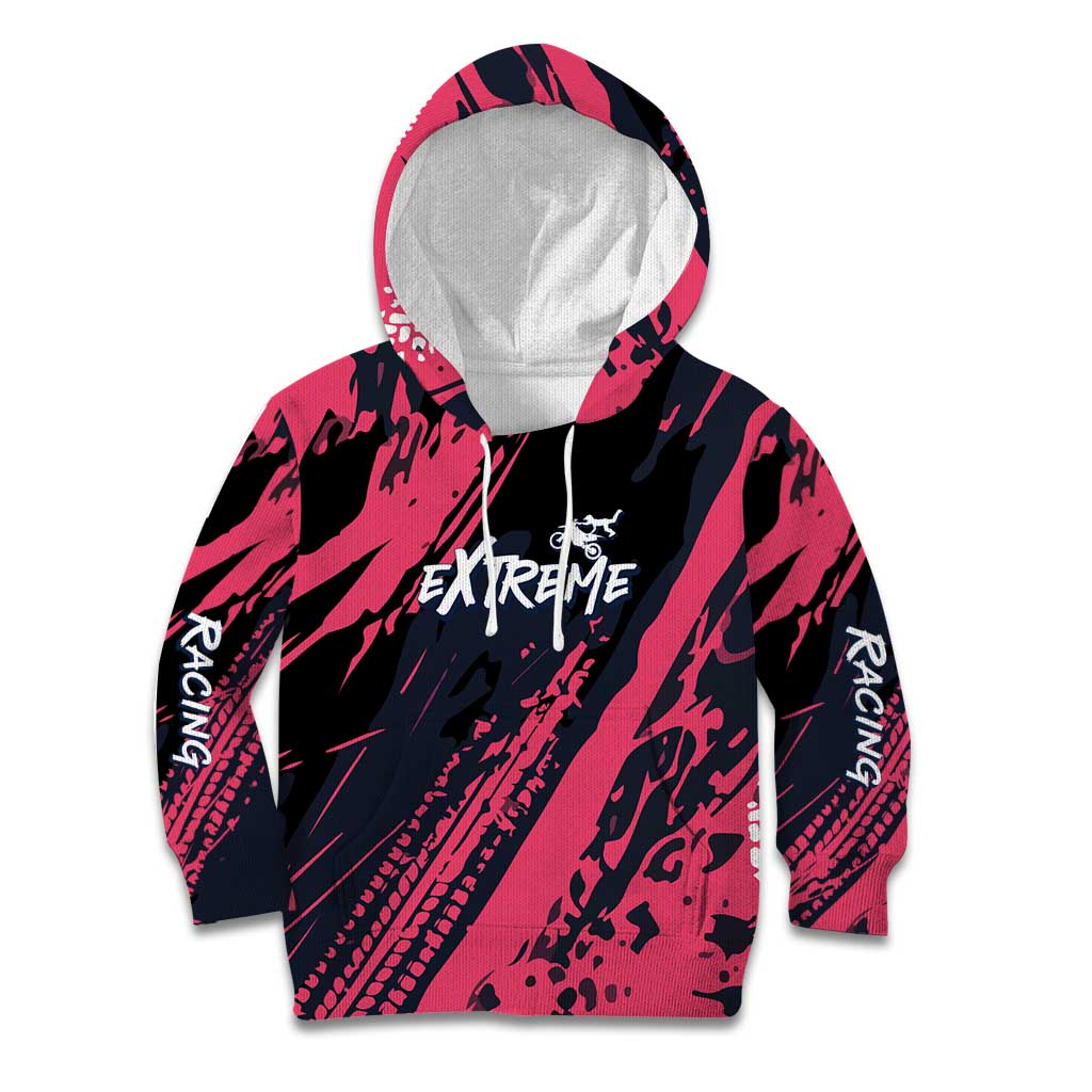 Custom Extreme Motocross Pink Kid Hoodie with Bold Tire Track Graphics - Wonder Print Shop