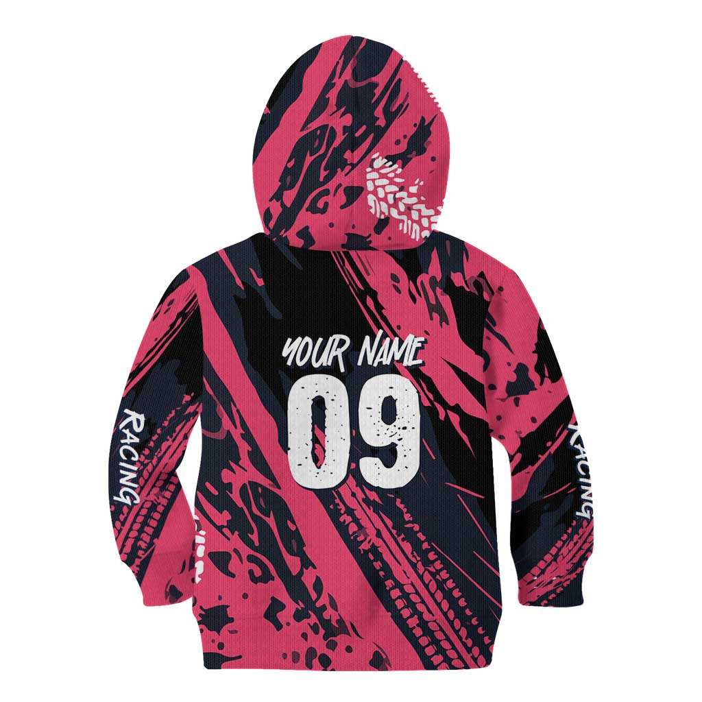 Custom Extreme Motocross Pink Kid Hoodie with Bold Tire Track Graphics - Wonder Print Shop