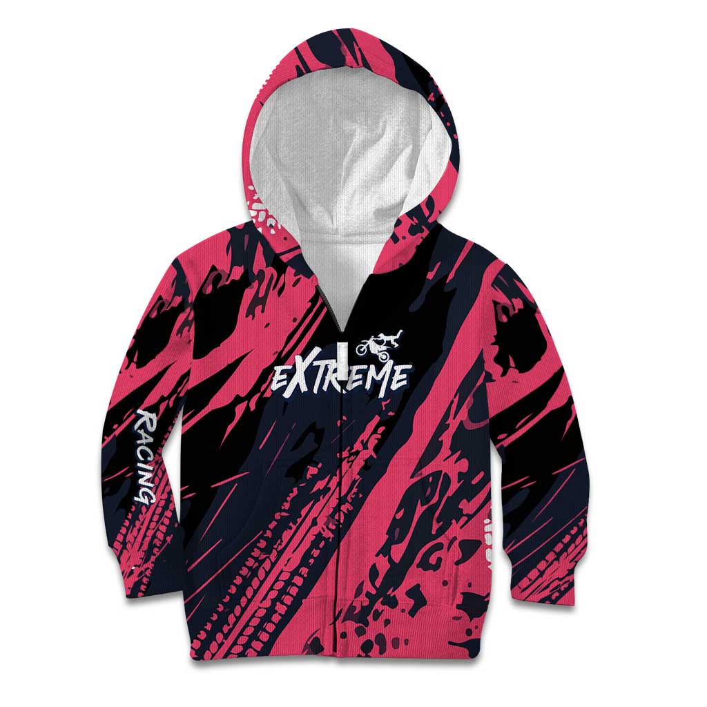 Custom Extreme Motocross Pink Kid Hoodie with Bold Tire Track Graphics - Wonder Print Shop