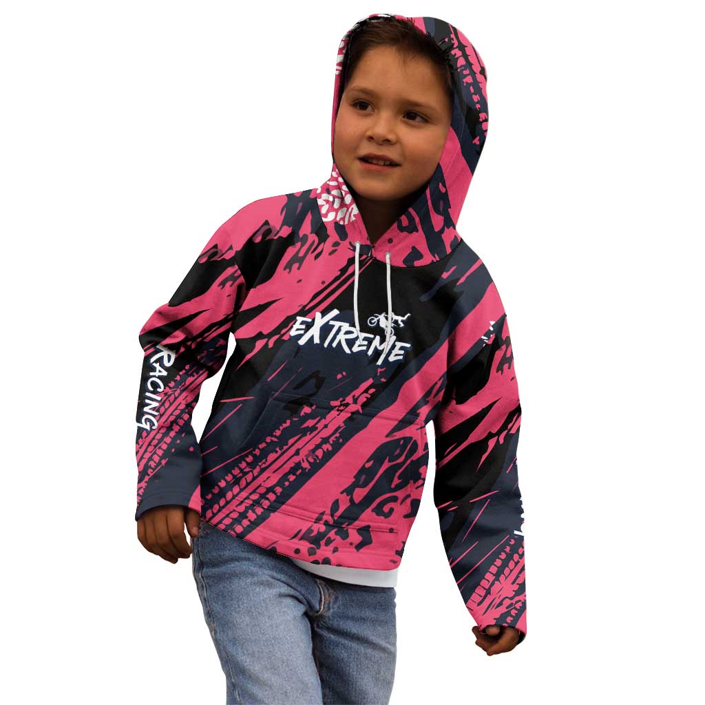 Custom Extreme Motocross Pink Kid Hoodie with Bold Tire Track Graphics - Wonder Print Shop