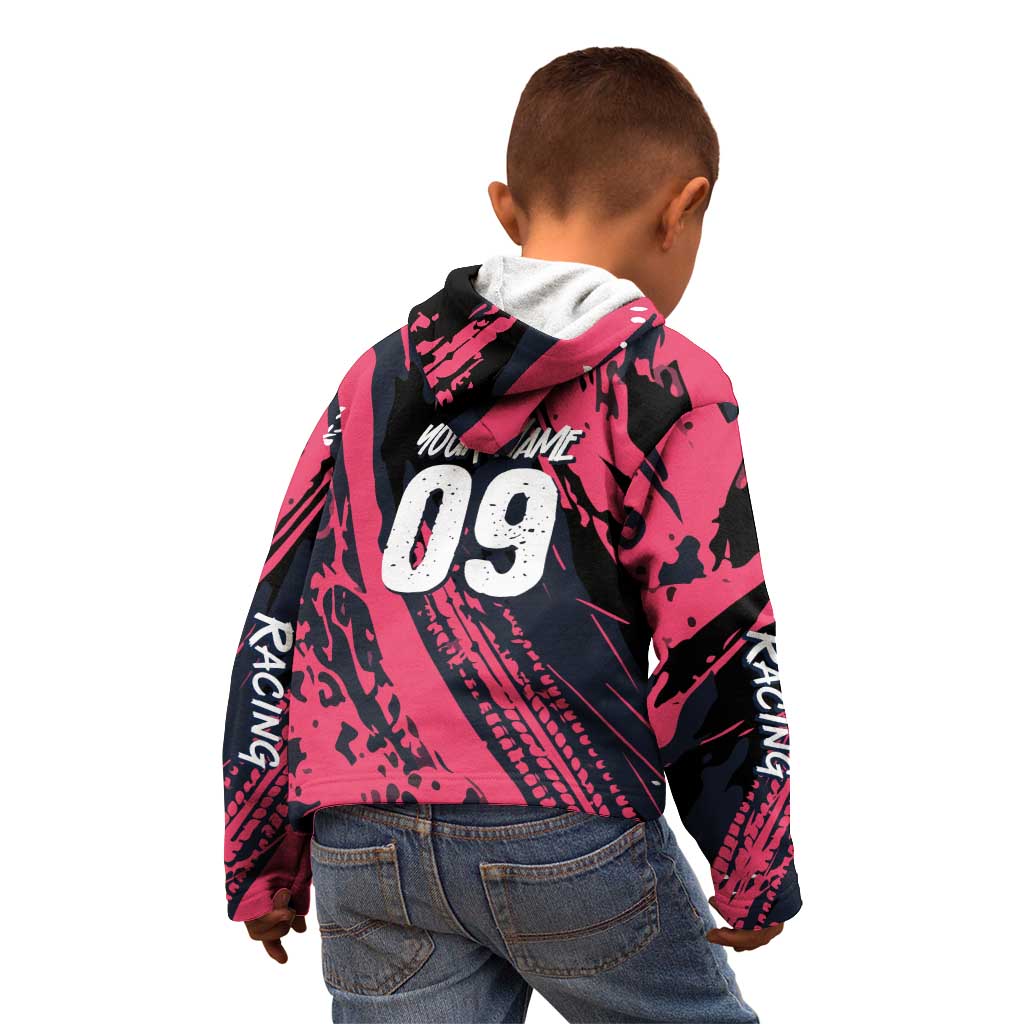 Custom Extreme Motocross Pink Kid Hoodie with Bold Tire Track Graphics - Wonder Print Shop