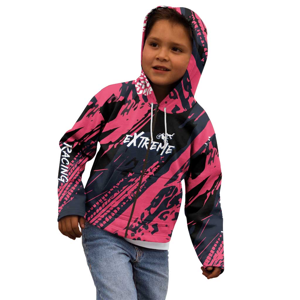Custom Extreme Motocross Pink Kid Hoodie with Bold Tire Track Graphics - Wonder Print Shop